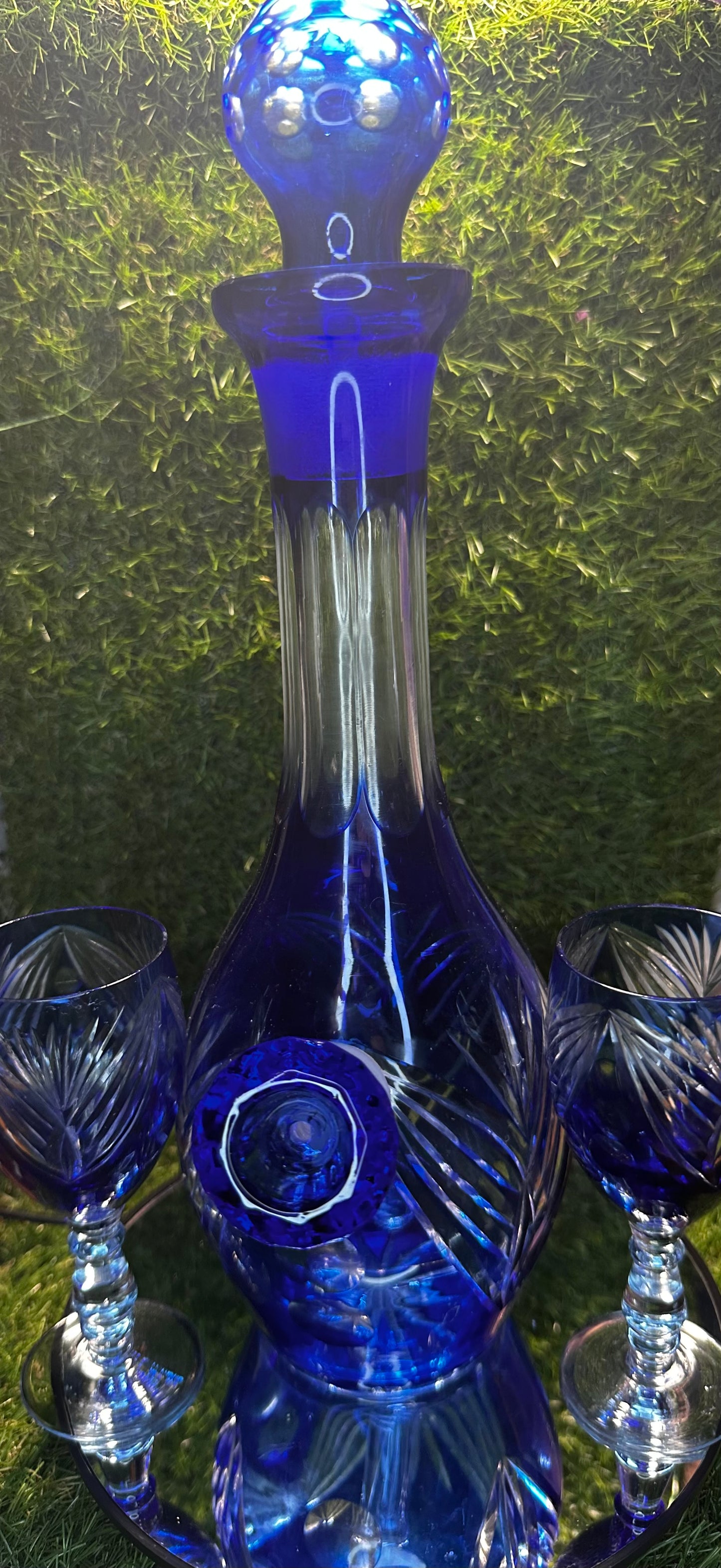 Blue cut crystal w/ two glasses