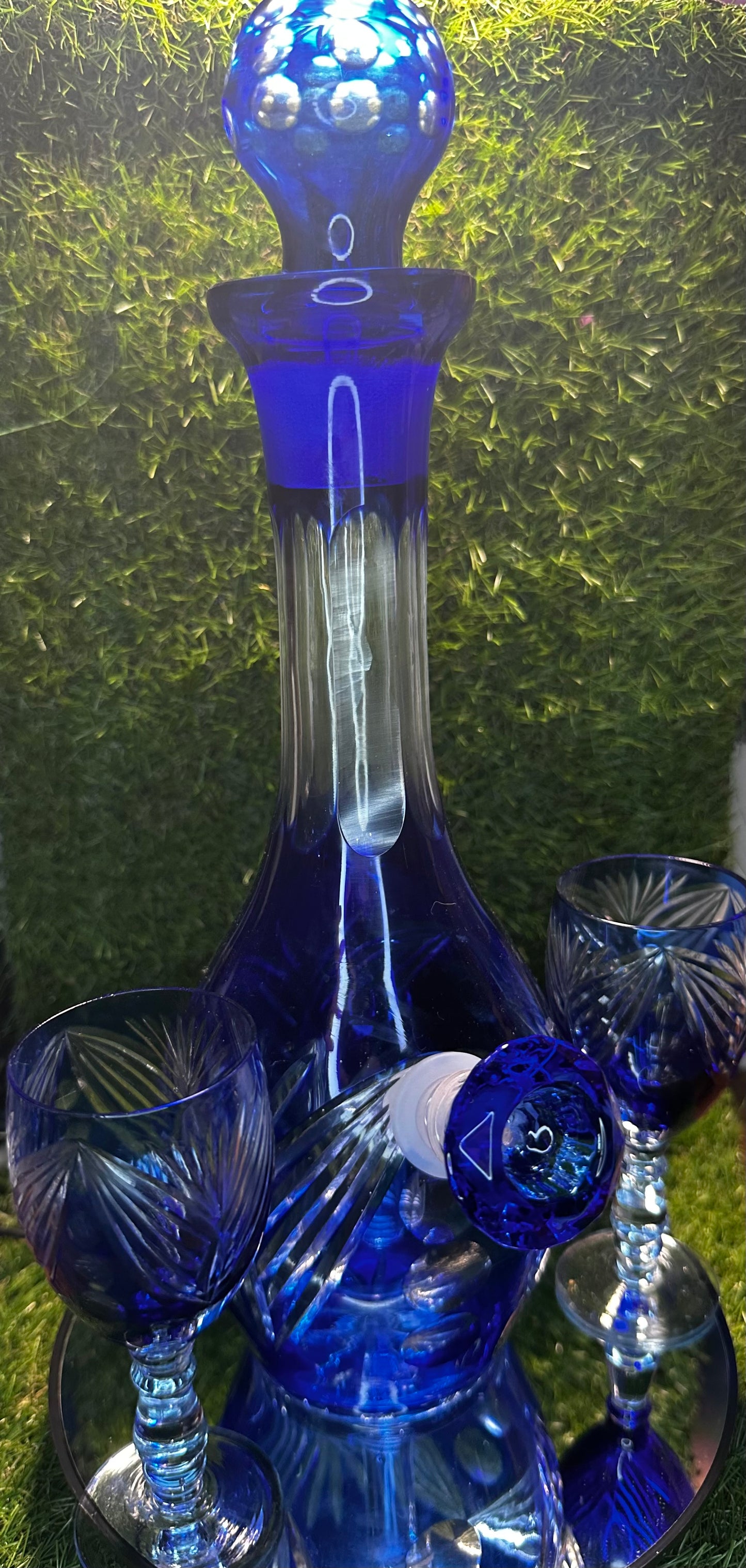 Blue cut crystal w/ two glasses