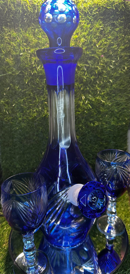 Blue cut crystal w/ two glasses