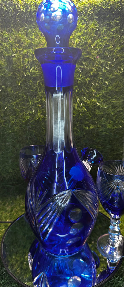 Blue cut crystal w/ two glasses