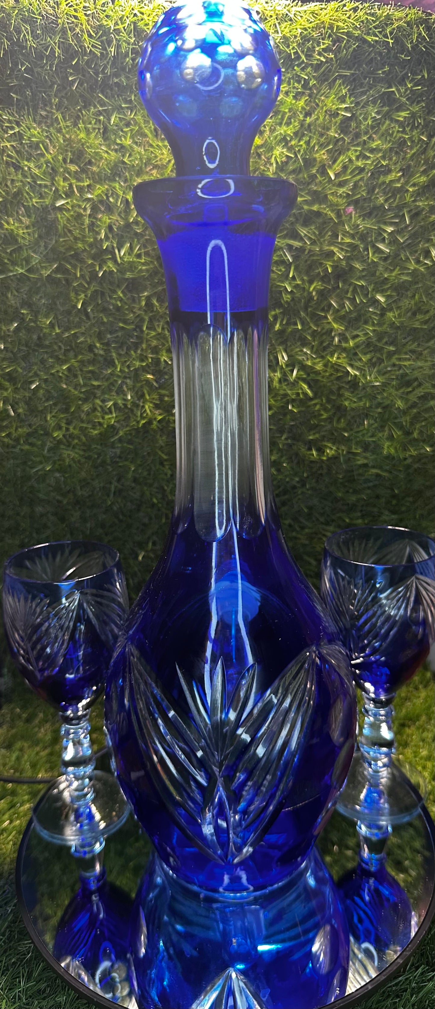 Blue cut crystal w/ two glasses