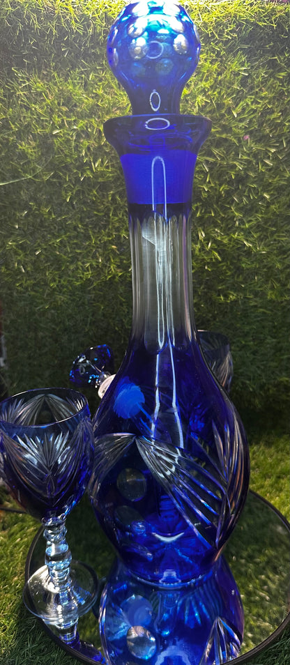 Blue cut crystal w/ two glasses