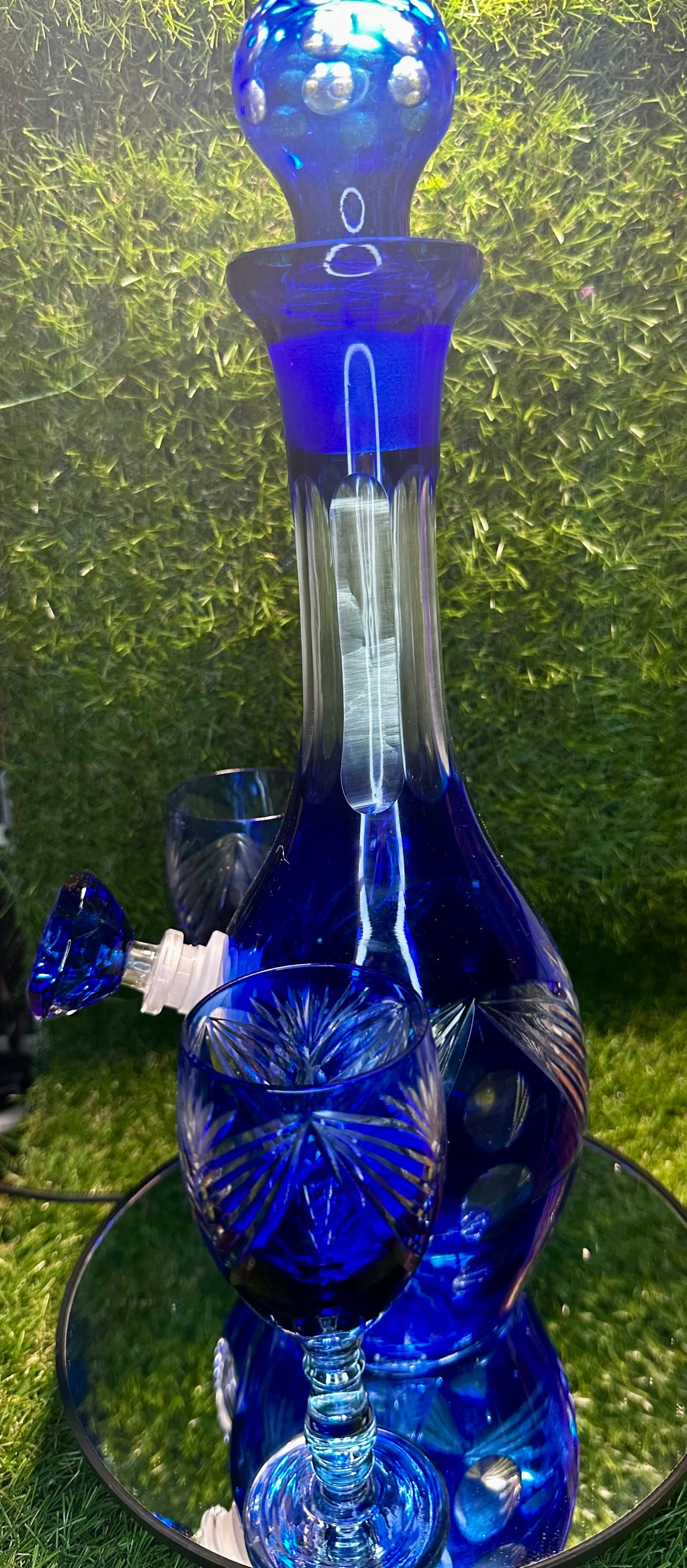 Blue cut crystal w/ two glasses