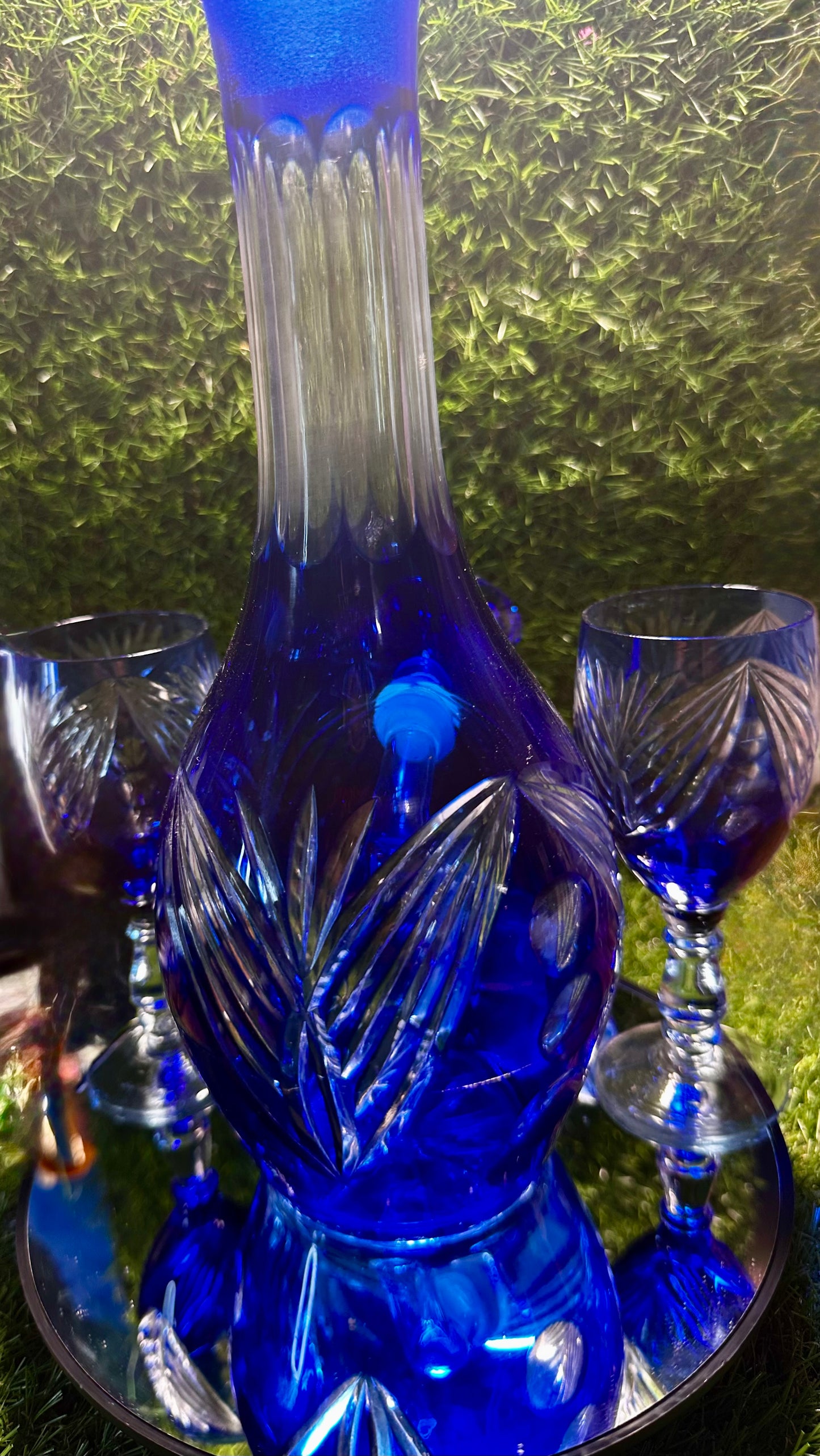 Blue cut crystal w/ two glasses