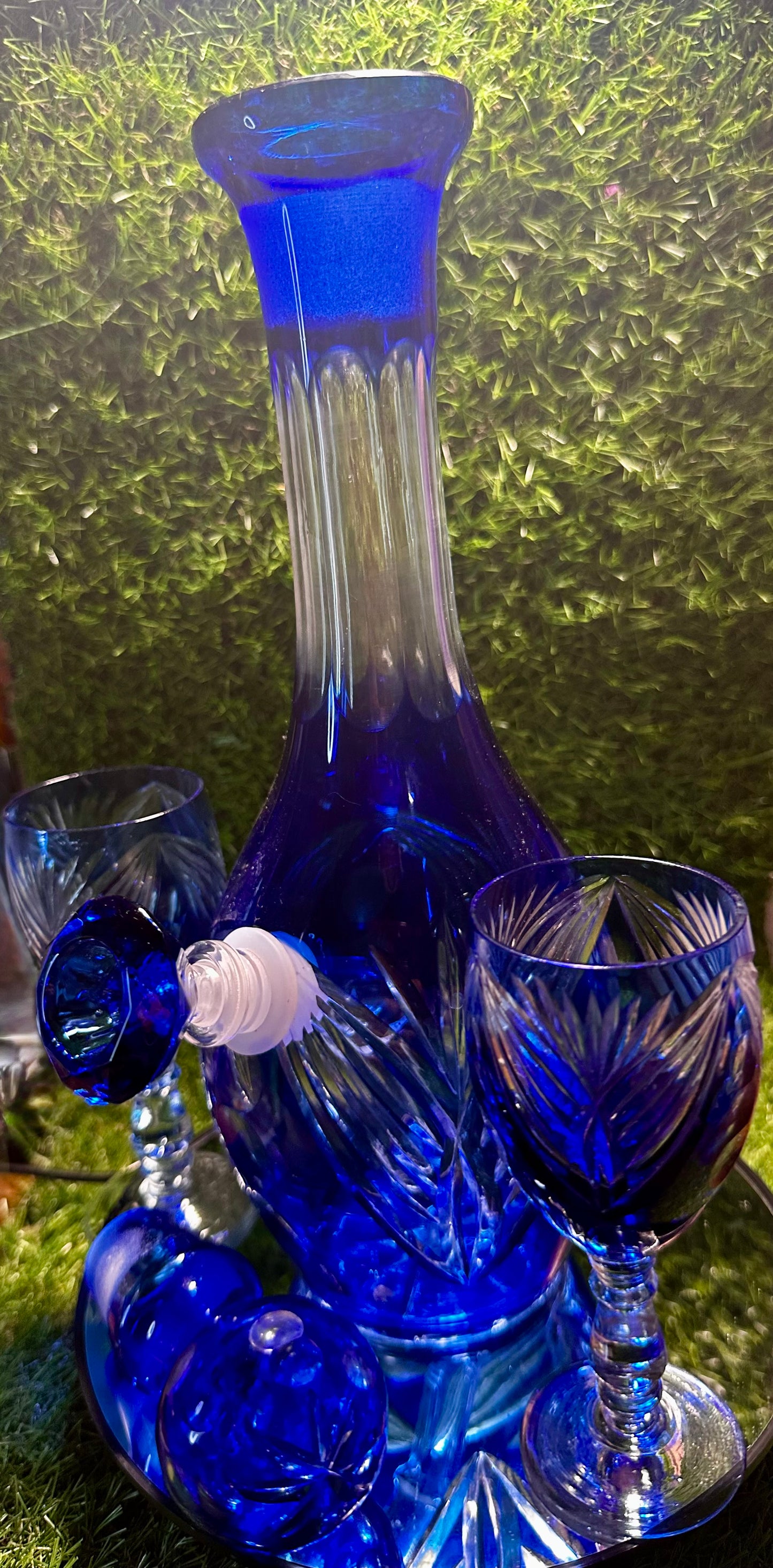 Blue cut crystal w/ two glasses