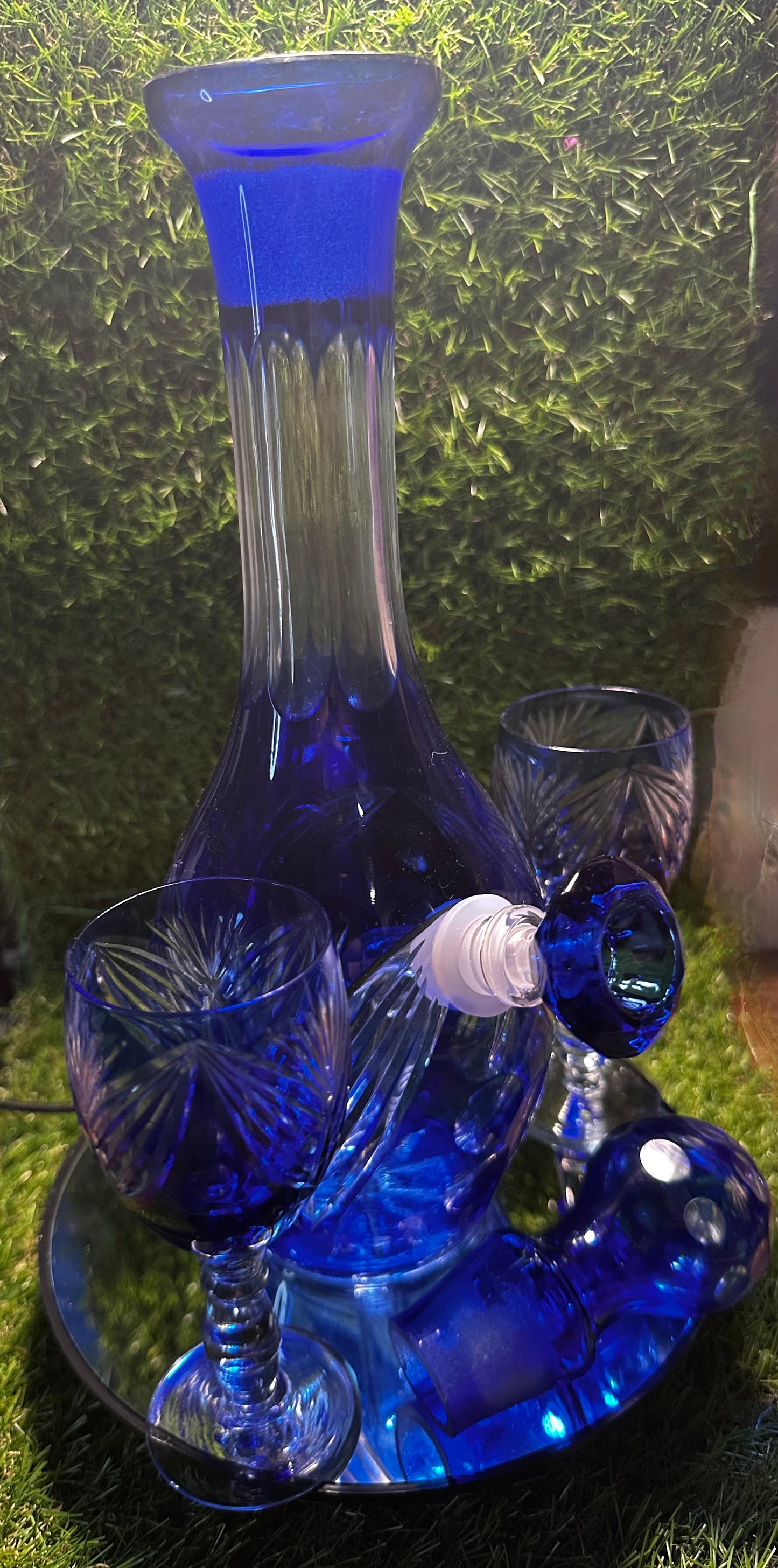 Blue cut crystal w/ two glasses